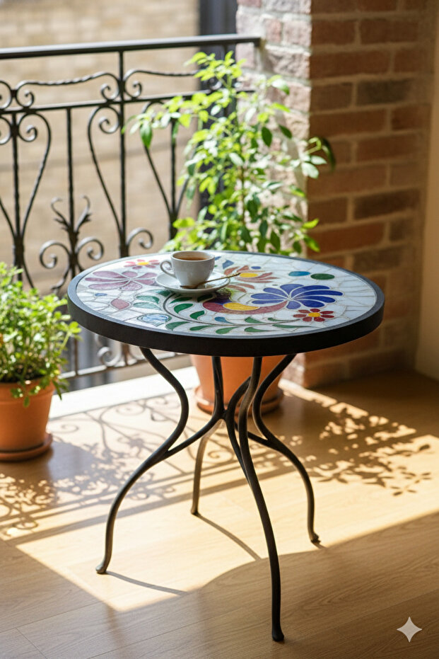 El Yapımı Tasarım Vitray Cam Mozaik Masa, Sehpa - 5