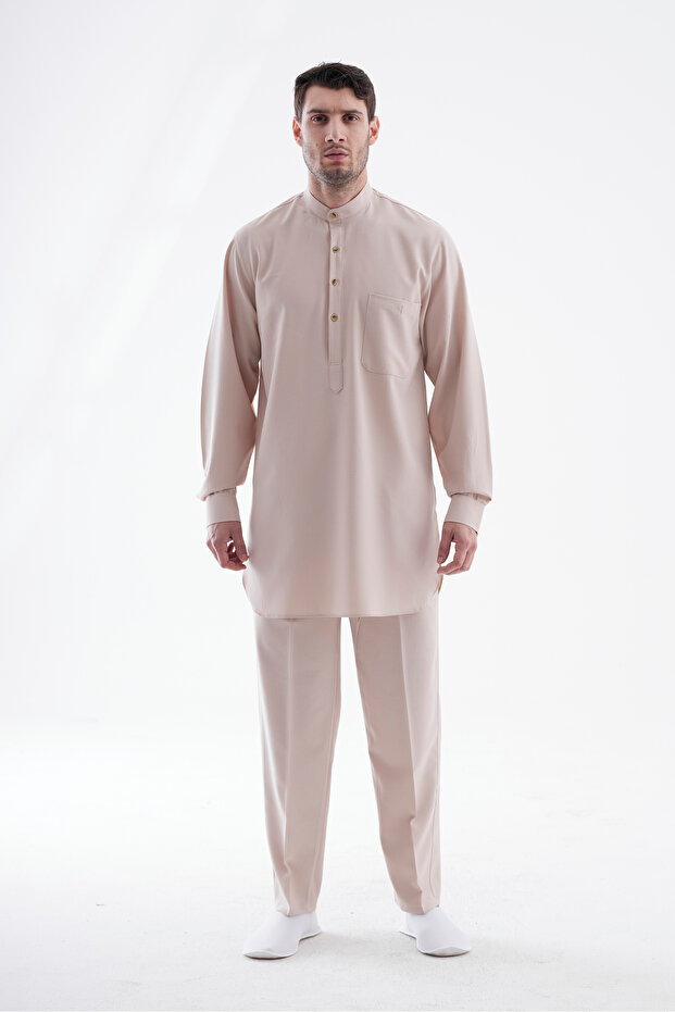 Men's Berat Hajj and Umrah Outfit Double Bottom Top Viscose Afghan Suit Beige