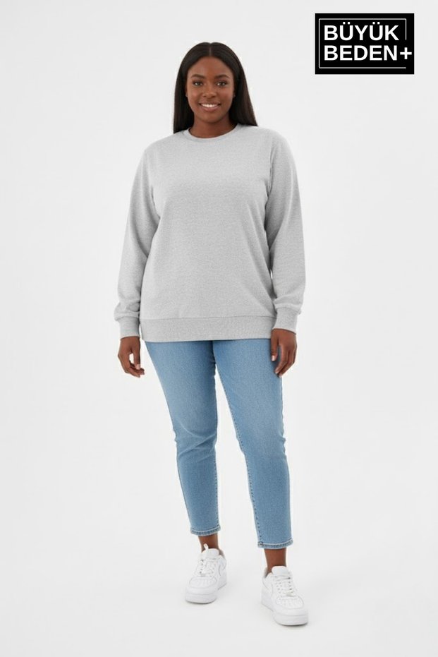 Women's Plus Size Crew Neck Sleeves and Hem Ribbed Slim Sweatshirt Spr26Bswk956