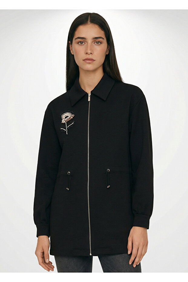 Beli Bağcıklı Örme İşlemeli Sweatshirt - 1