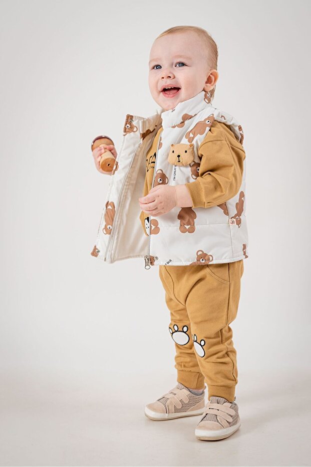 Baby Boy 3-Piece Tracksuit Set with Teddy Bear Accessory, Puffer Vest, Double Drawstring 6060