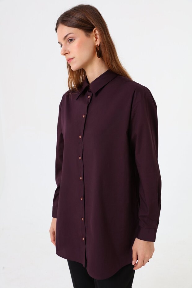 Poplin Kumaşlı Basic Bluz / Gömlek - Mürdüm - - 3