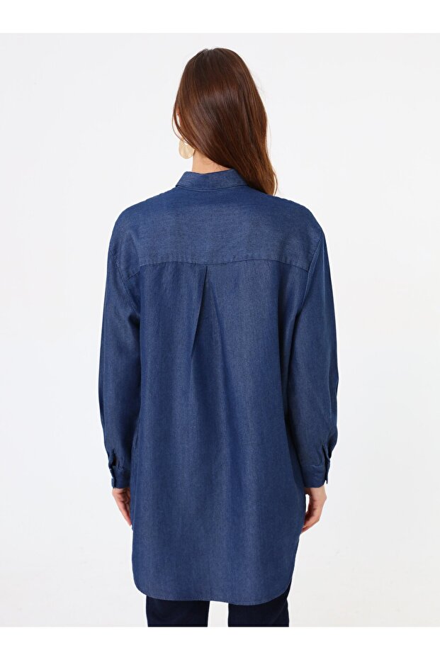 Denim Kumaşlı Basic Bluz/Gömlek - İndigo - - 4