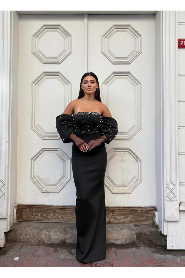 Stretchy Scuba Fabric Strapless Drapey Sleeve Stone and Tulle-Detail Evening Dress 583336 BLACK