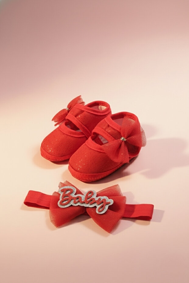 0-3 Months Newborn Glittery Lace Red Baby Bandana Booties Set