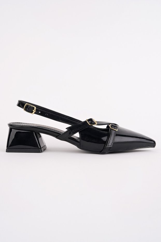 Lumina Pointed Toe Open Back Belt Detailed Two-Strap Women's Low Heel Shoes