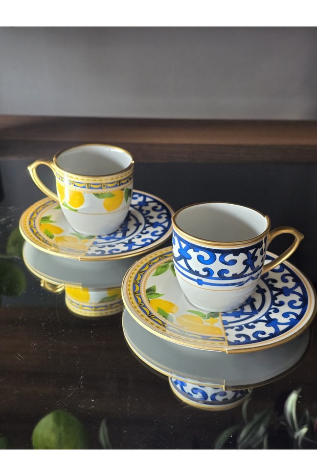Handmade Porcelain Lemone - Double Patterned Coffee Cup Set for 2 People