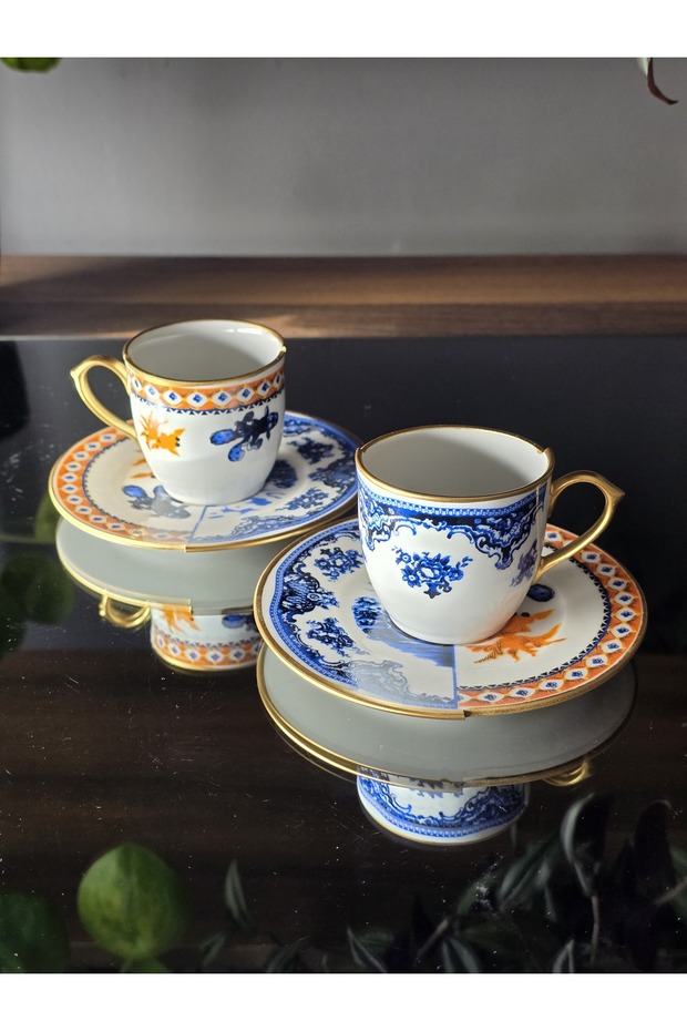 Handmade 4 Piece Porcelain Turkish Coffee Cup Set for 2 People Hybrid 1 Series