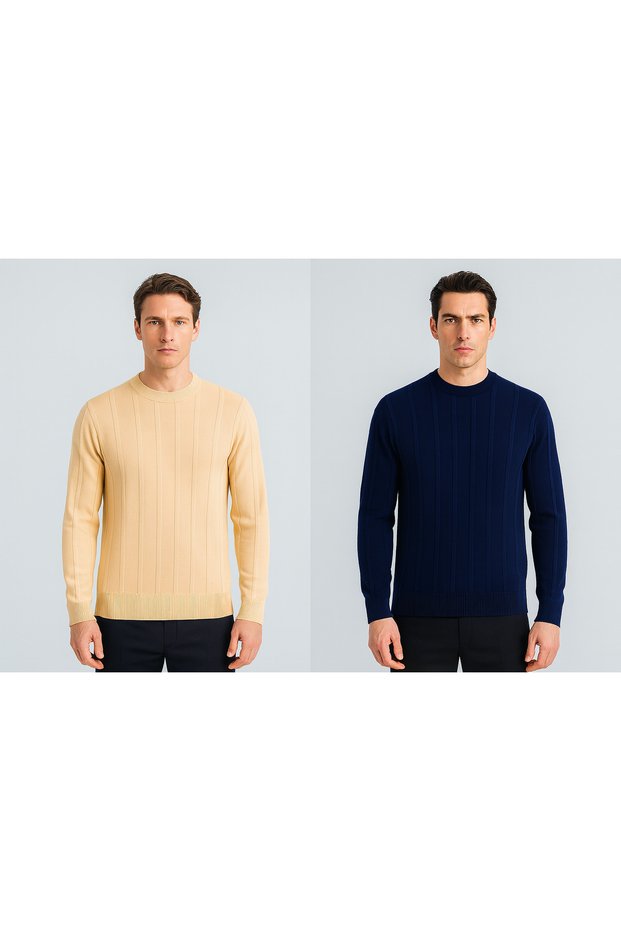 2-Piece Set of Advantageous Vertical Self-Striped Long-Sleeved Men's Knitwear Sweater Sweat