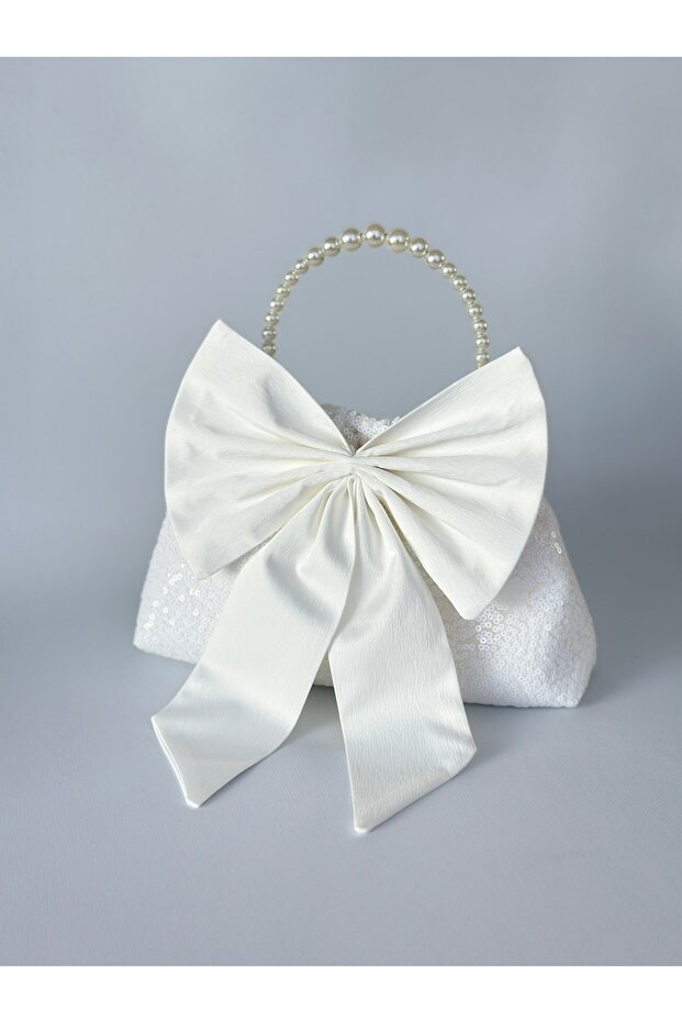White Sequined White Bow Portfolio Evening Dress Clutch Bag