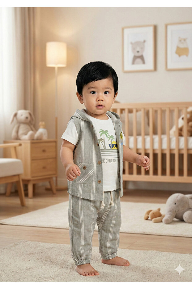 Baby Boy Triple Suit with Striped Vest - 9-12-18-24 Months