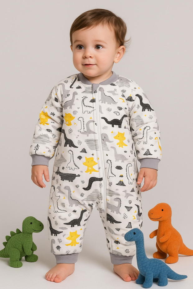 Slim Fit Dinosaur Printed Gray Piping Baby Boy Sleeping Bag