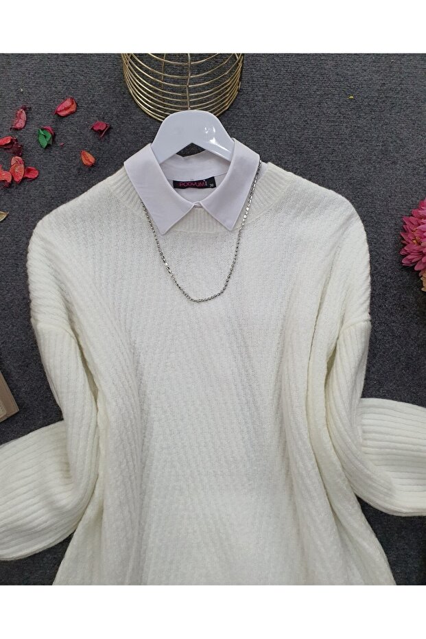 سترة تريكو بنمط بقلاوة وياقة دائرية - أبيض - 5