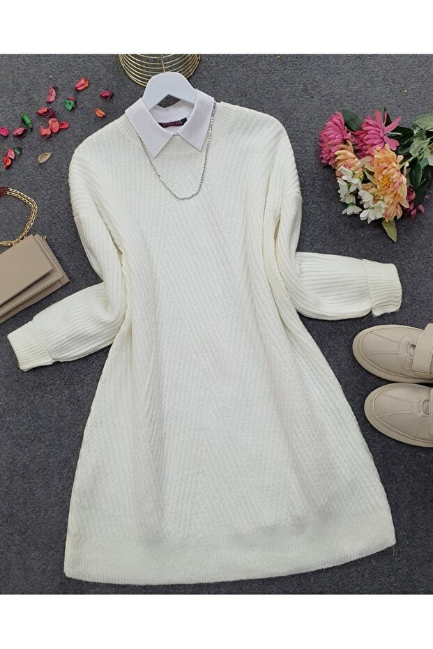 سترة تريكو بنمط بقلاوة وياقة دائرية - أبيض - 3