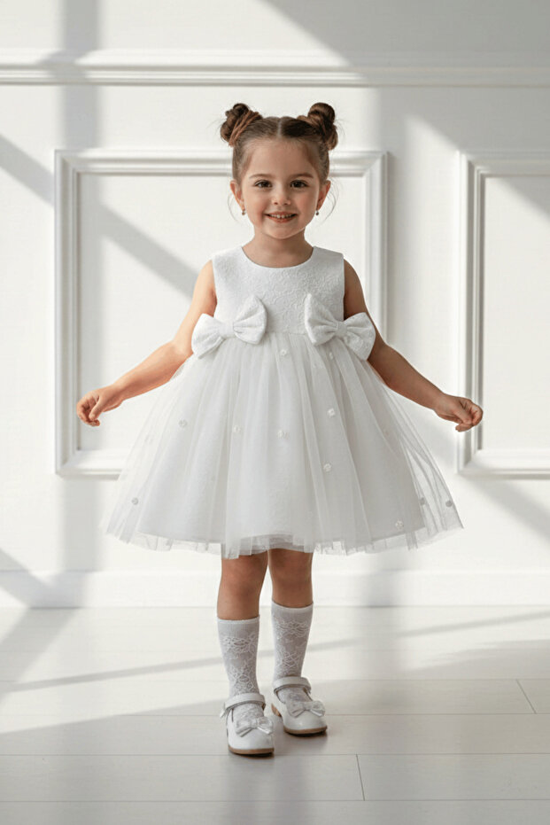 Brocade White Dream Tulle Rose Detailed Bow Evening Dress