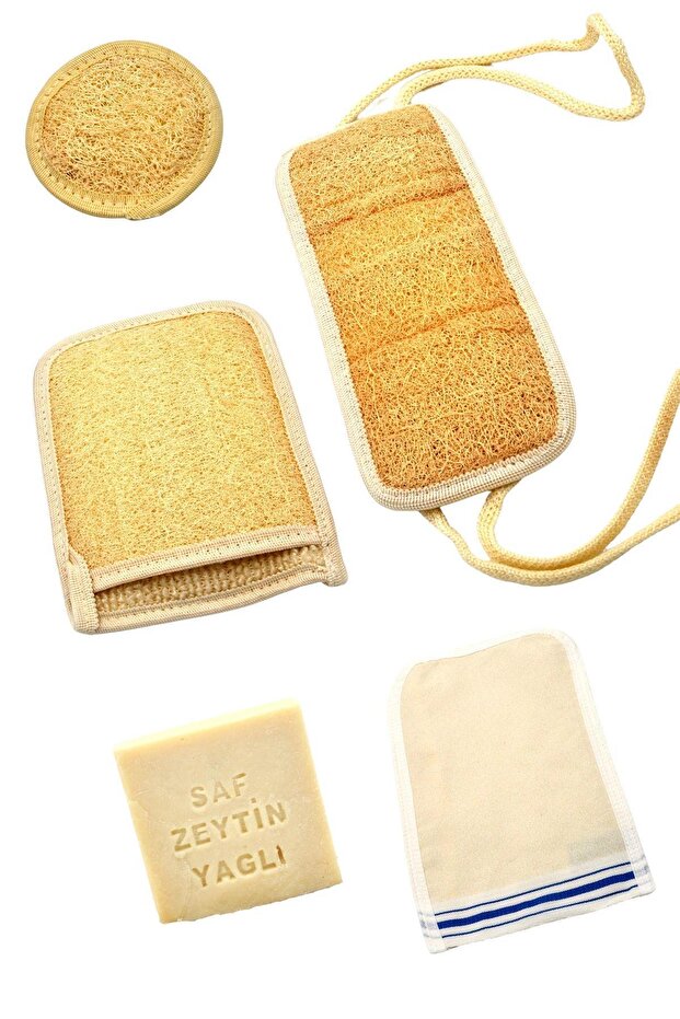 5-Piece Bath Hammam Scrub Set Natural Loofah Fiber Face + Body + Back + Soap + Scrub // Set7
