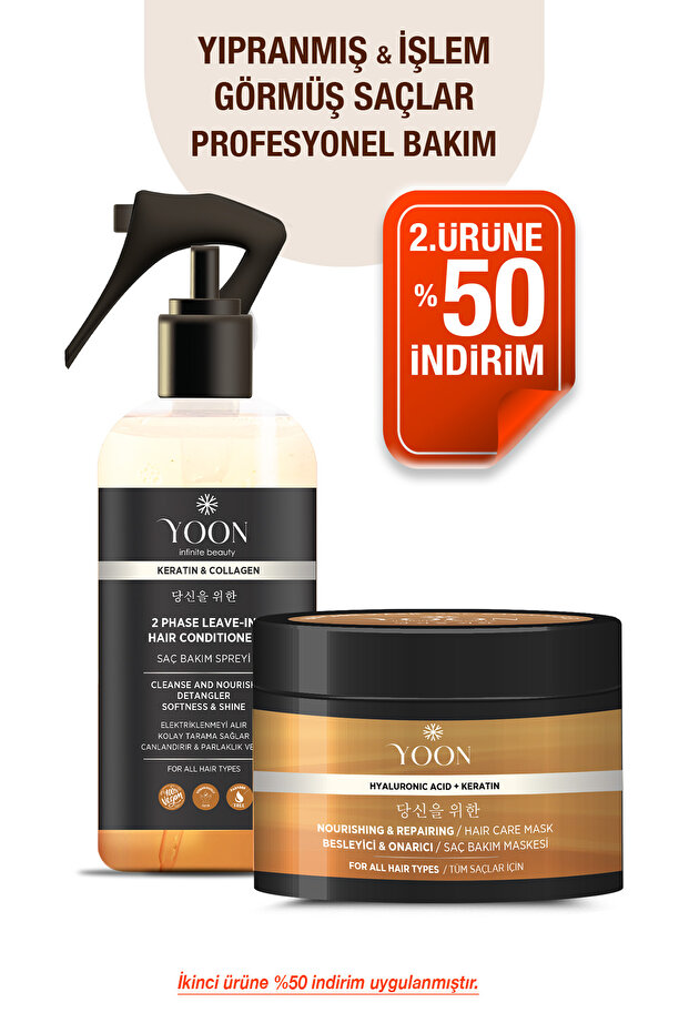 YOON Vegan Saç Bakım Spreyi &amp; Maskesi 250ml, Hyaluronik Asit, Keratin, Kolajen ve B7 Biotinli 2&#x27;li Set