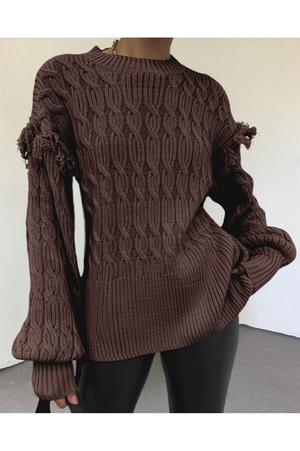 Strickpullover mit Ballonärmeln und Quasten – Braun - 5
