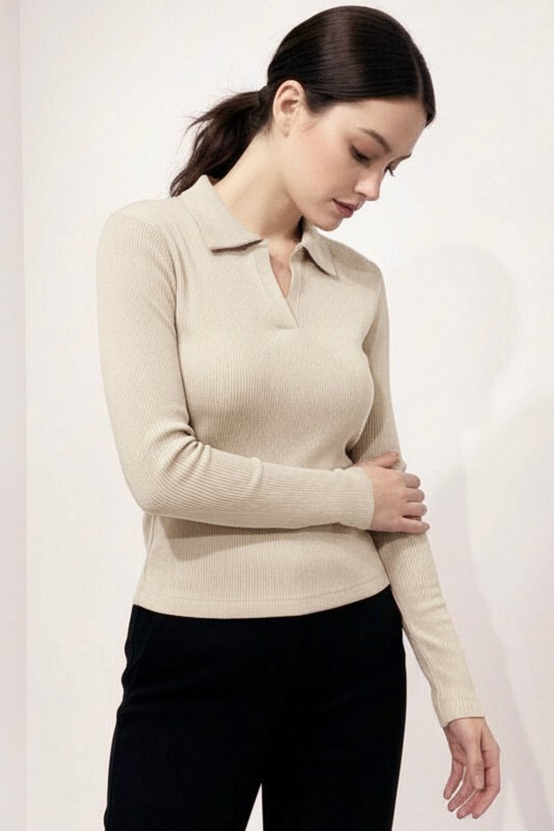 Women's Polo Neck Beige Corded Fabric Ribbed Knit Long Sleeve T-Shirt