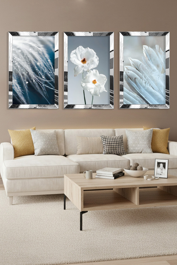 Pearl Dream White Flower and Feather Themed - Triple Mdf Painting Set with Silver Plexi Frame