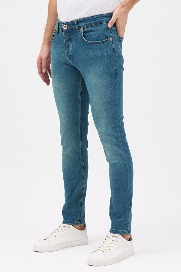 Men's Green Washed Slim Fit Slim Fit Cotton Stretch Stretch Fabric Denim Jean Pants