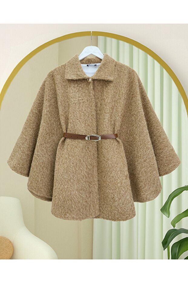 معطف بونشو بحزام خصر بزر واحد - لون المنك - 3