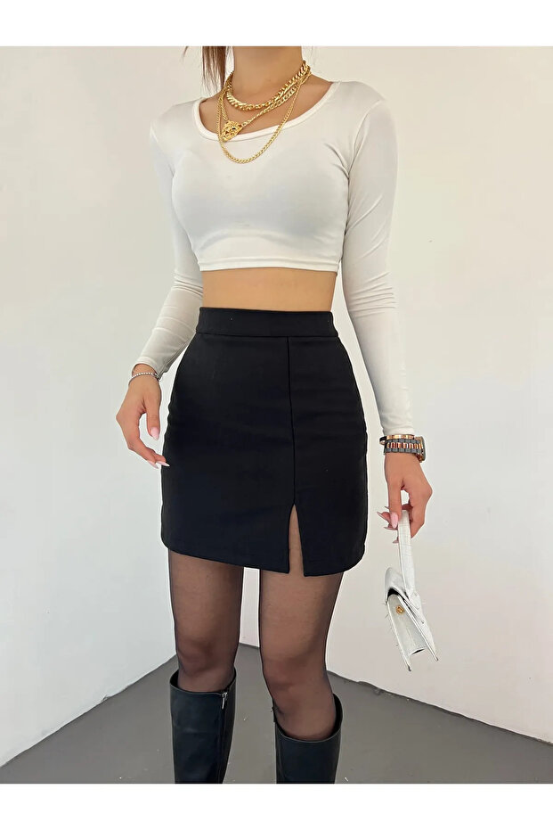 10 NUMARA MODA Women's Black Stretch Fabric Slit Mini Skirt 10NMR4171