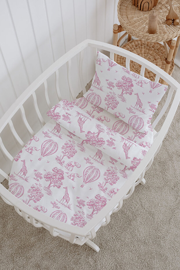 100% Cotton Poplin Mother's Side Crib Bedding Set 60X100 cm - Pink Balloon Safari