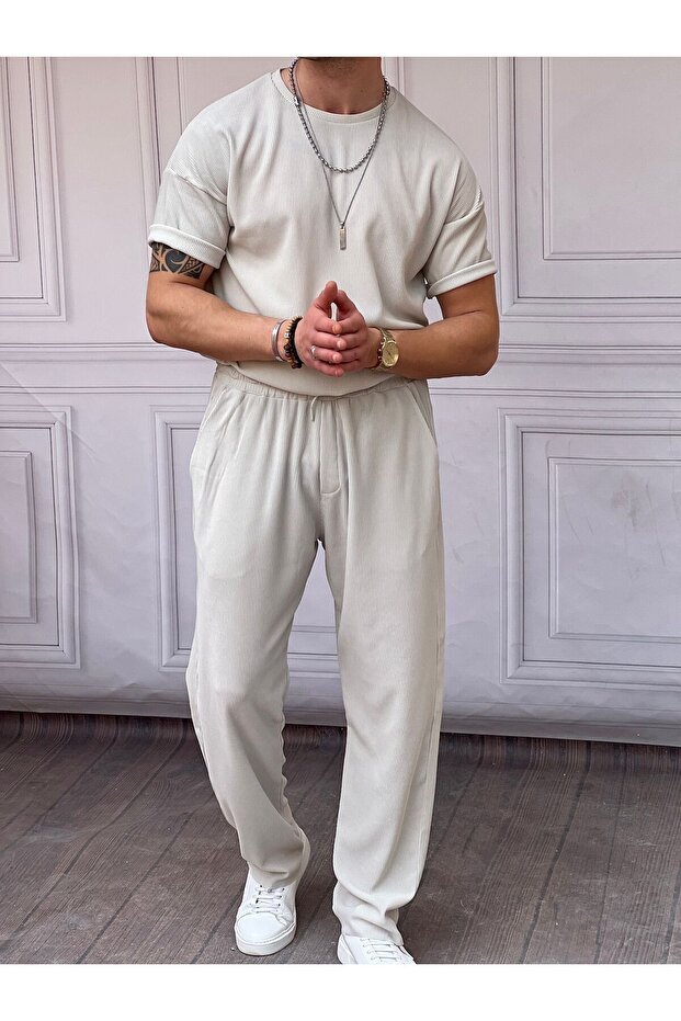 Men's Gray Slim Fit Patterned Top and Bottom, Oversized Sets