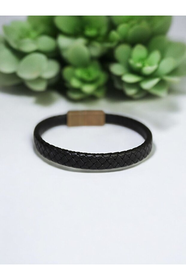 Black Braided Genuine Leather Bracelet | Antique Yellow Magnetic Closure | 4 Size Options Available