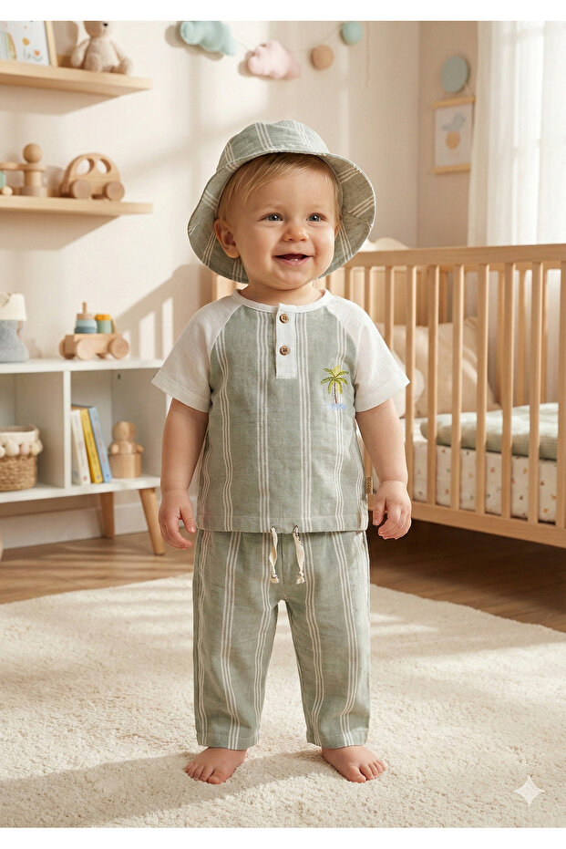 3-Piece Striped Baby Set with Hat 9-12-18 Months - Body+Shorts+Hat Muslin Set
