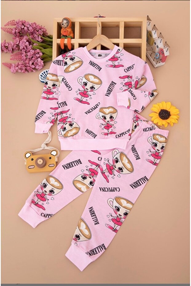 3-7 Years Old Children's Cotton Inside Tight Fit Cute Ballerina B Printed 2-Piece Sweatshirt Set