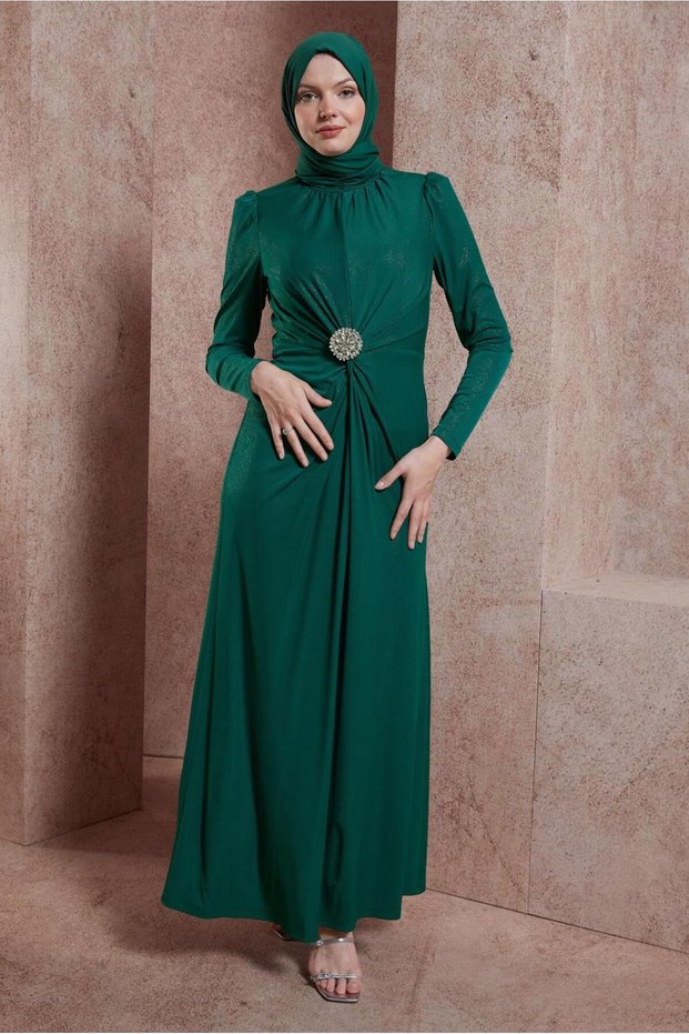 STONE BROOCH DETAILED EVENING DRESS 50416