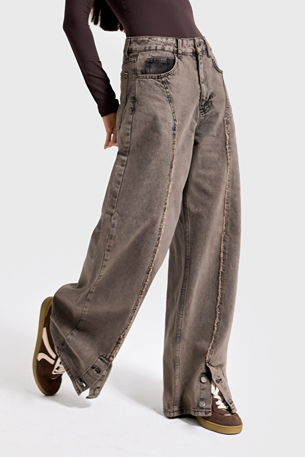 Women's Dark Brown Denim 3w5-70 Super Baggy Fit Hem Detail Special Design Denim Jean