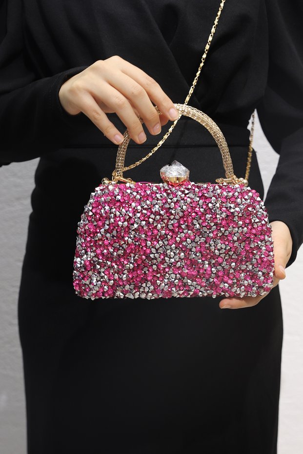 Women's Fuchsia Stone Evening Dress Clutch Portfolio Bag