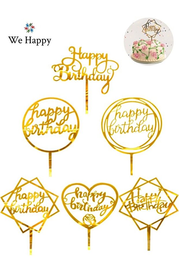 6 Pcs Happy Birthday Mirrored Acrylic Cake Topper Set