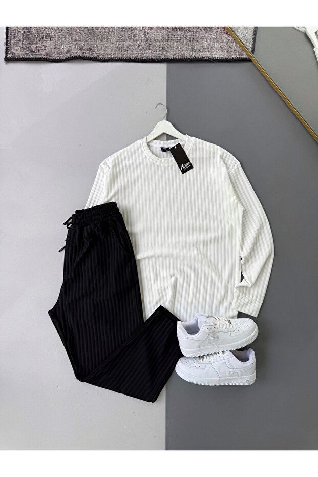 Men's Vertical Striped Stretch Fabric Ottoman White Sweatshirt Black Trousers 2-Piece Set