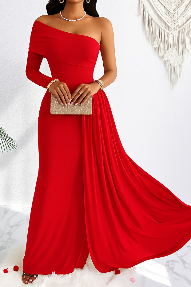 Red One Shoulder Long Sleeve Tailored Maxi Length Crepe Fabric Evening Dress