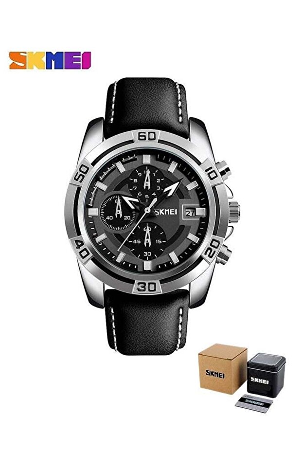 Men Sports Quartz Waterproof Wrist Watch Black Leather Chronograph 9156