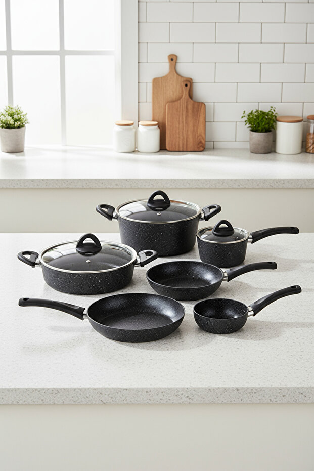 Melcor 9 Parça Granit Tencere Seti Siyah - 1