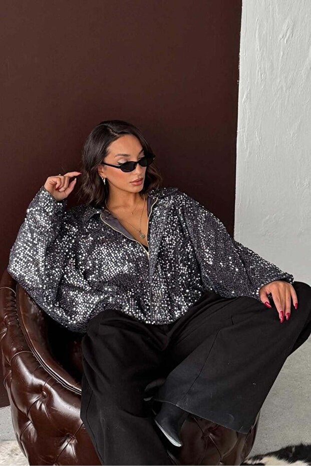 Oversized sequined velvet bomber jacket black - silver
