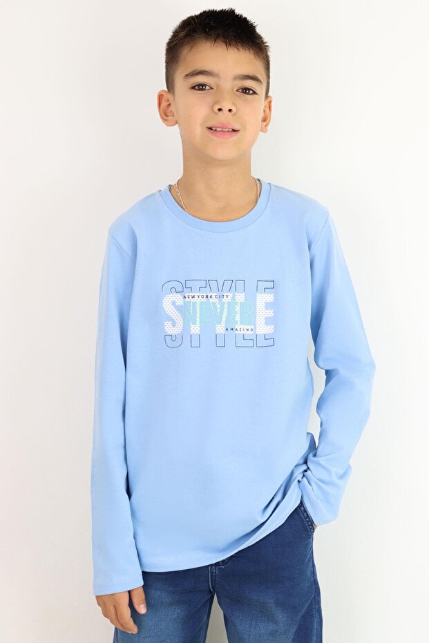 Boy's Long Sleeve T-Shirt Lettering Printed 6-12 Years Old, Light Blue