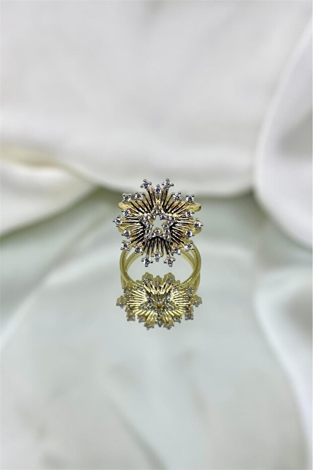 Star Detailed Zircon Stone Adjustable Gold Ring