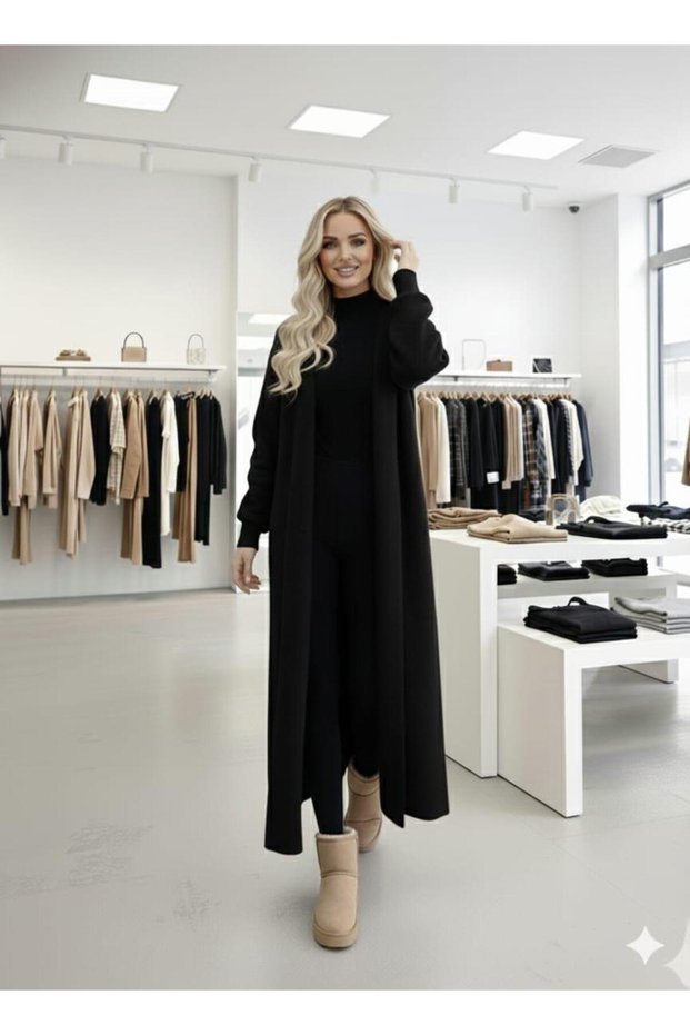 Women's Shawl Collar Long Knitwear and Bearded Furry Cardigan
