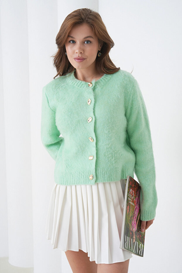 Women's Crew Neck Button Detailed Soft Textured Fleece-Lined Knitwear Jacket