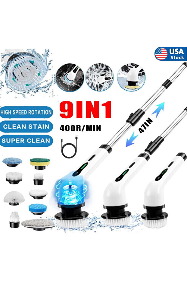 Electric Spin Scrubber with 9 Head Rechargeable Handheld Cordless Cleaning Rotating Brush fo