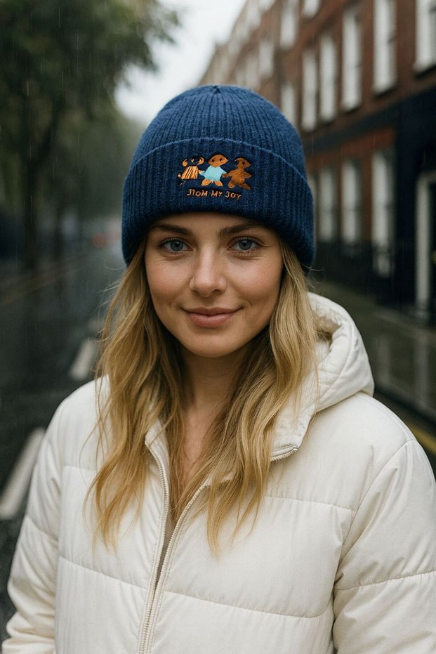 Navy Blue Braided Animal Embroidered Women's Beanie