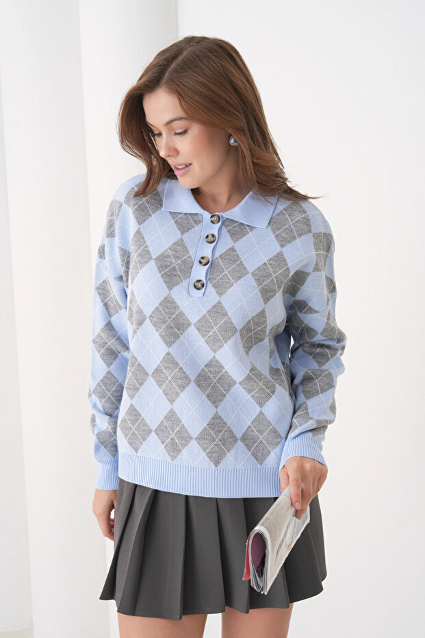 Women's Polo Neck Half Placket Button Detail Patterned Oversized Knitwear Sweater