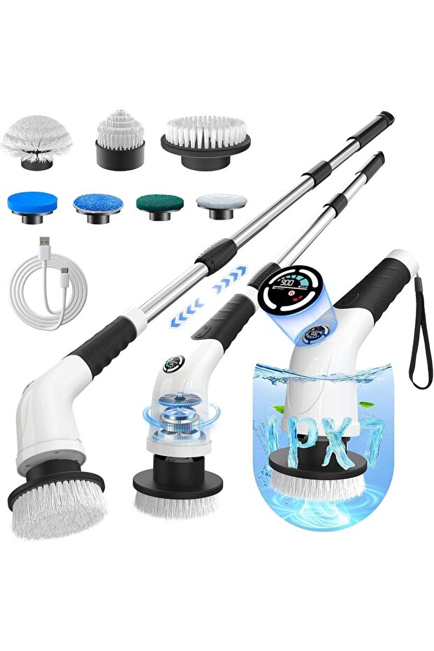 Electric Spin Scrubber, Cordless 3-Speed, 7 Brush Heads, Extendable Handle