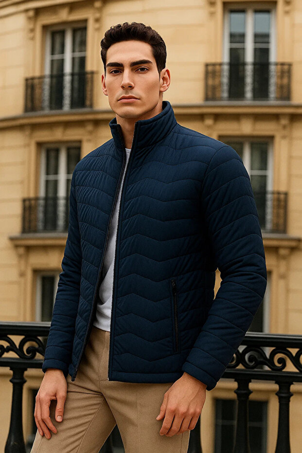 Erkek Premium Basic Kapitone Lacivert Şişme Mont - 3